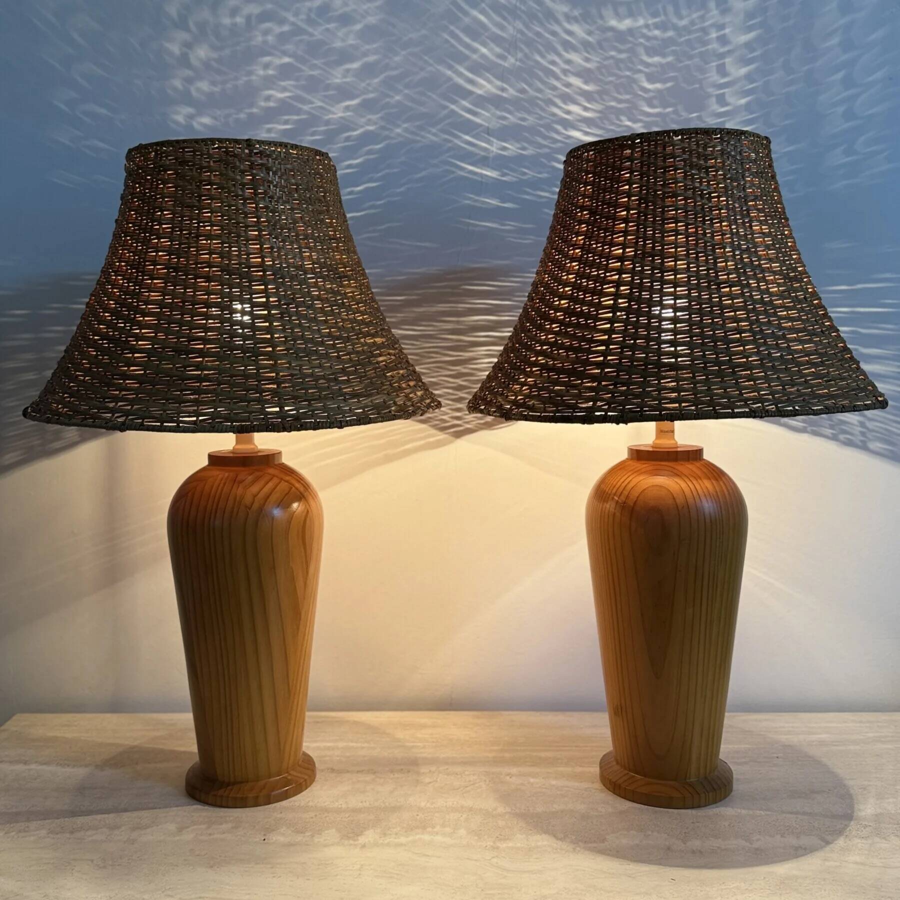 Vintage Ikea solid wooden table lamps with rattan shade, 1980s