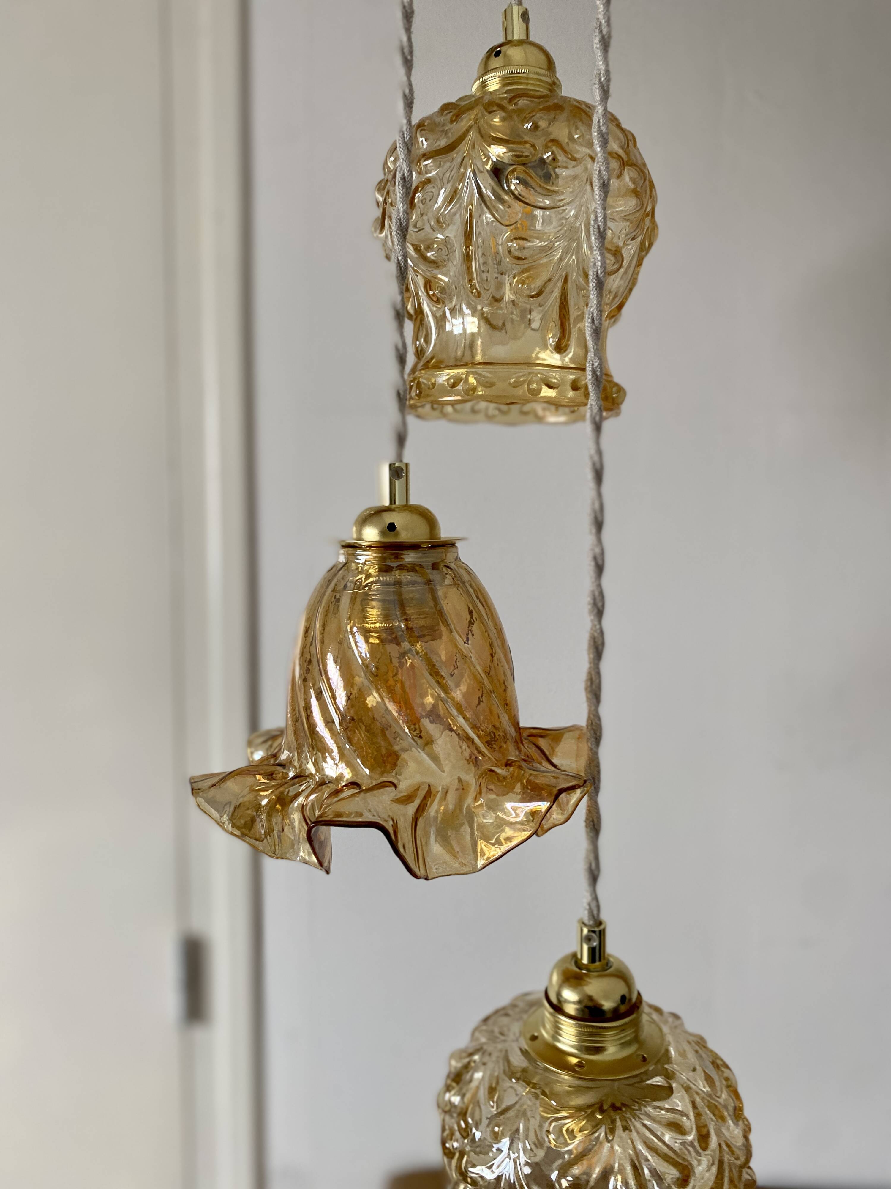 Vintage triple globe waterfall pendant light in amber glass