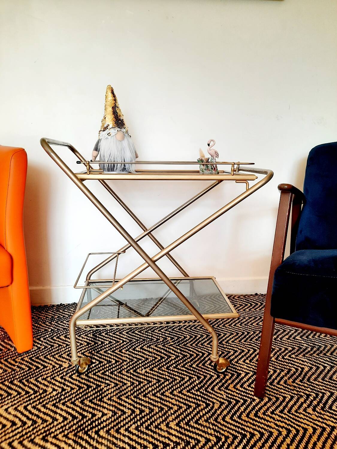 Folding rolling dessert trolley in Hollywood Regency style, 1960s-70s.
