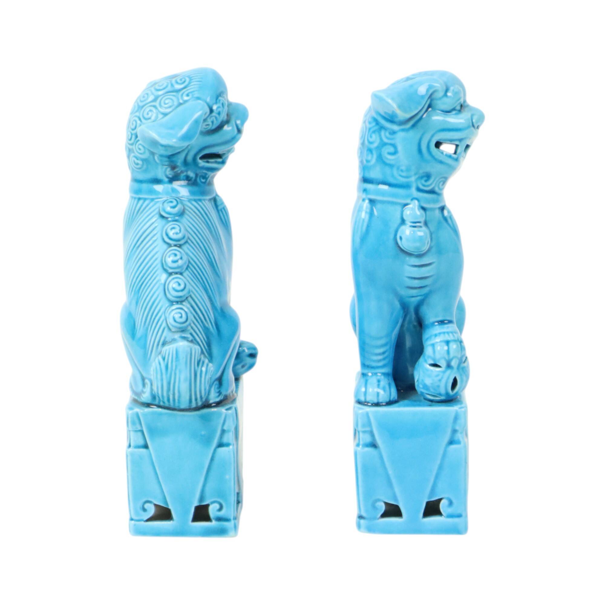 Pair of Blue Glazed Foo Dog Temple Lion Figurines 16cm