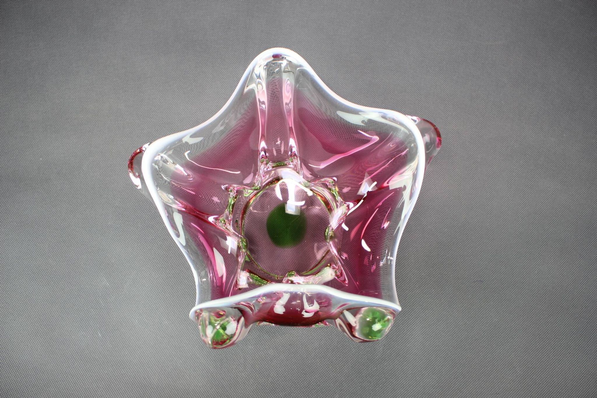 Mid-century pink and green Czech art glass bowl by Josef Hospodka.
