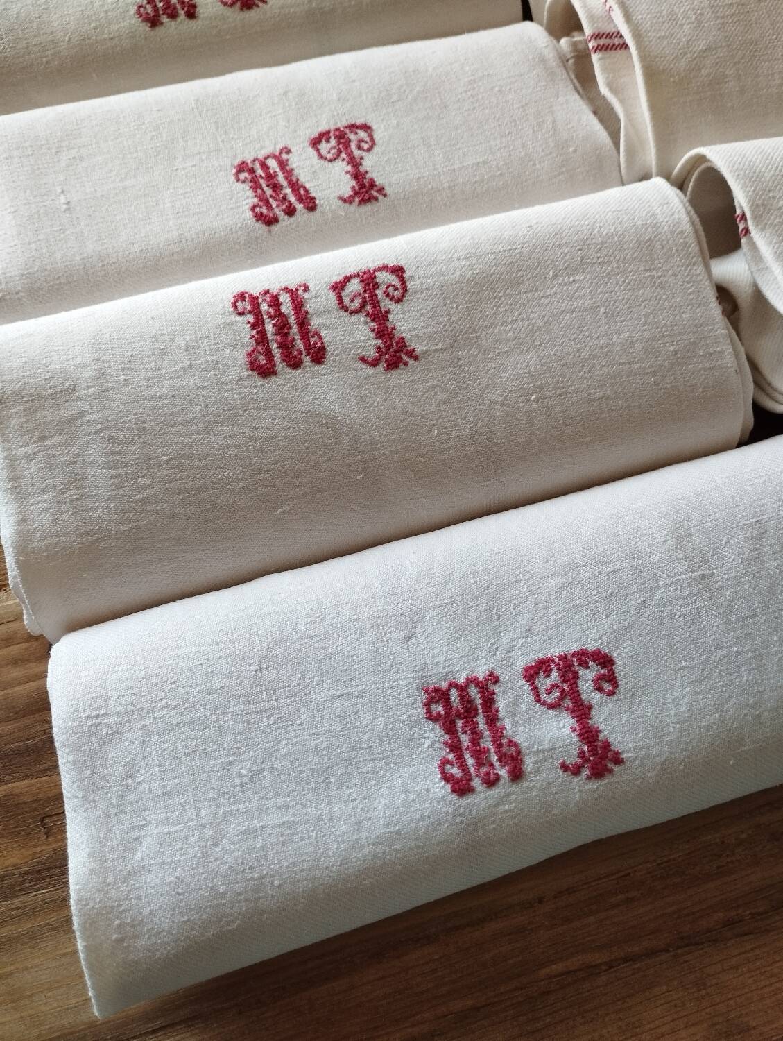 12 old shabby red tea towels monogram towel