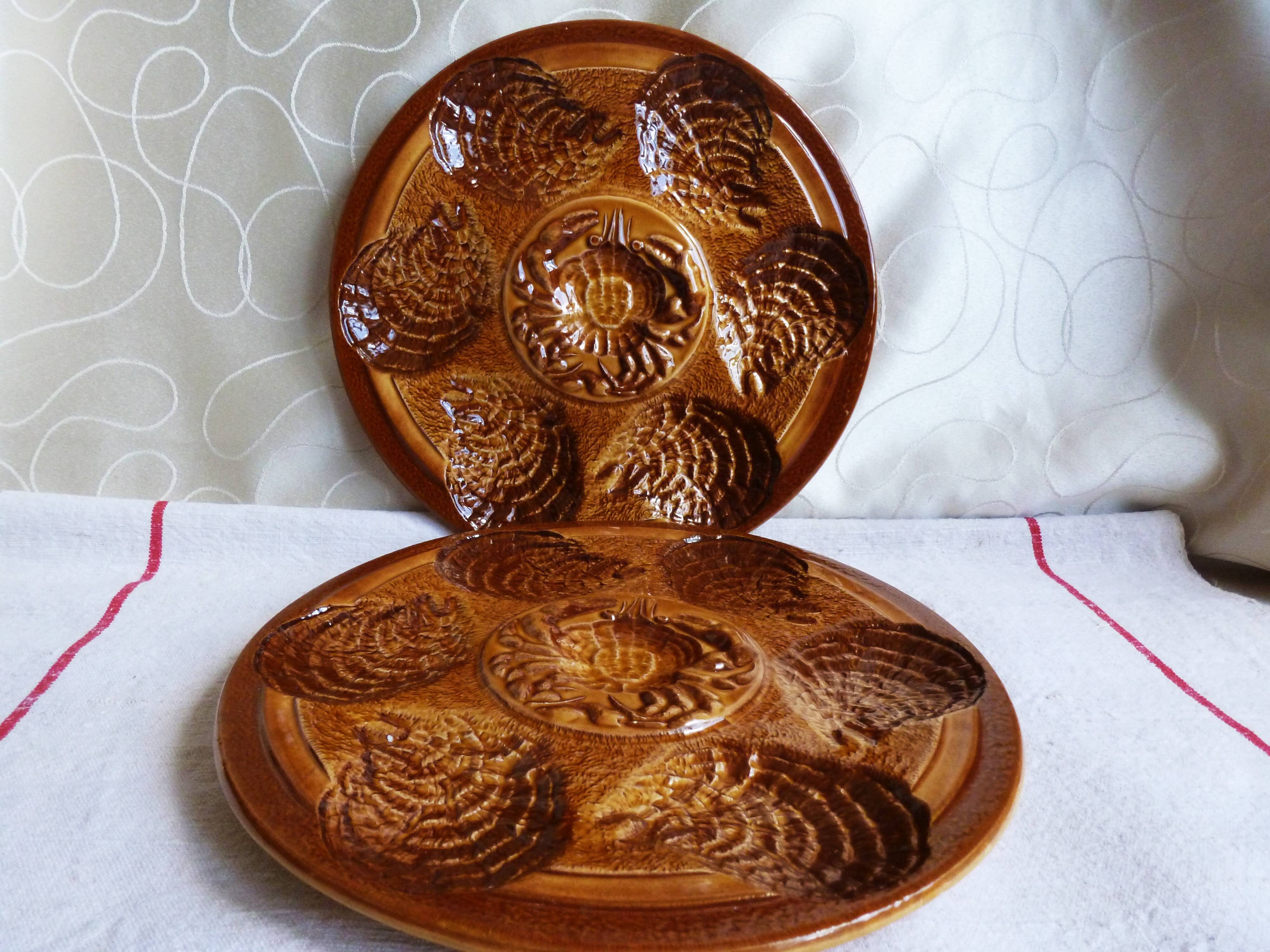 Sarreguemines oyster plates, Christmas plates, seafood plates.