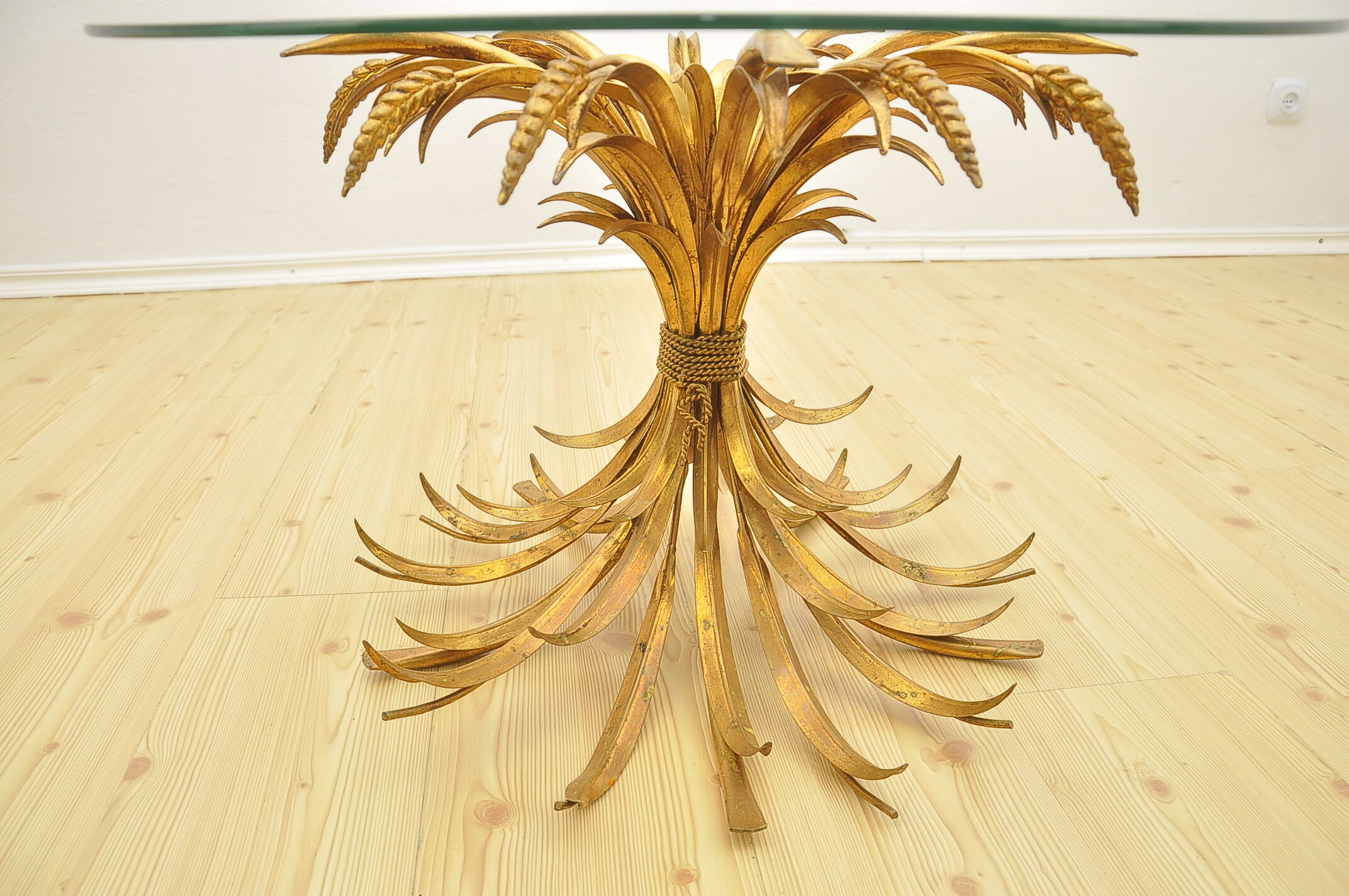 Hollywood Regency Coffee Table with Golden Wheat Frame, 1970s