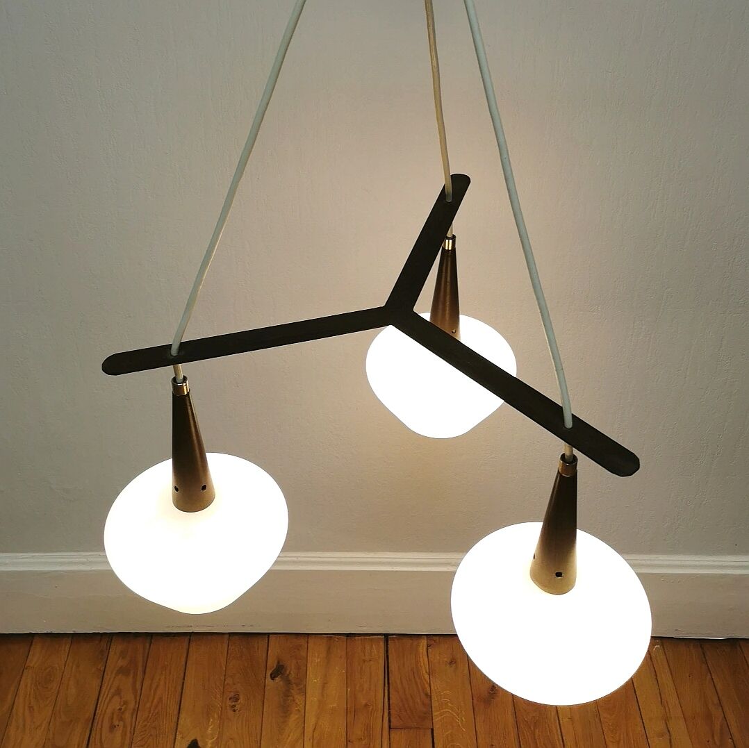 Scandinavian metal and opaline glass pendant lamp, 1950