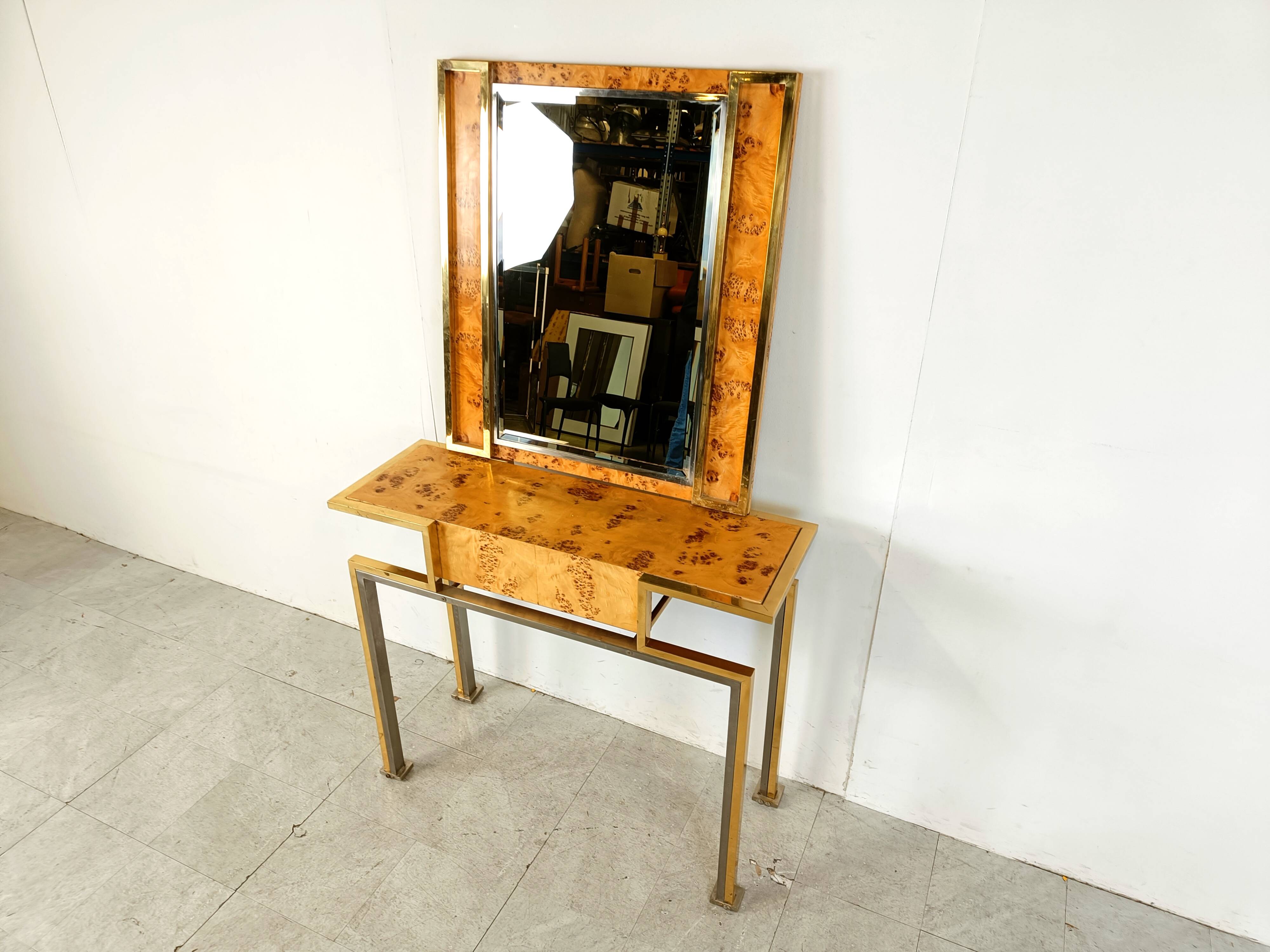 Vintage burl wood console with mirror, 1970s