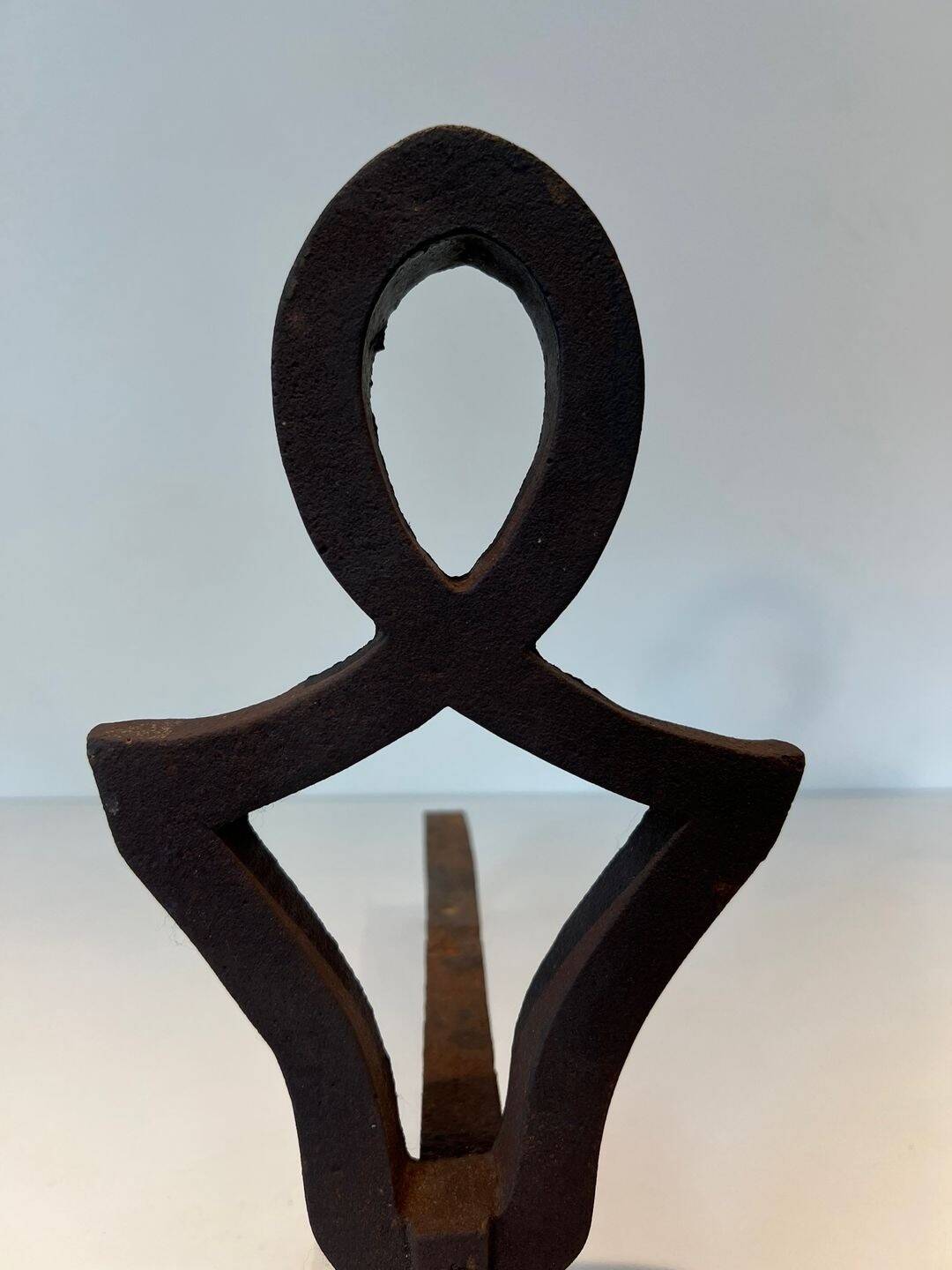 Pair of Modernist Andirons in Cast Iron with Stylised Figure Supports, by Ray