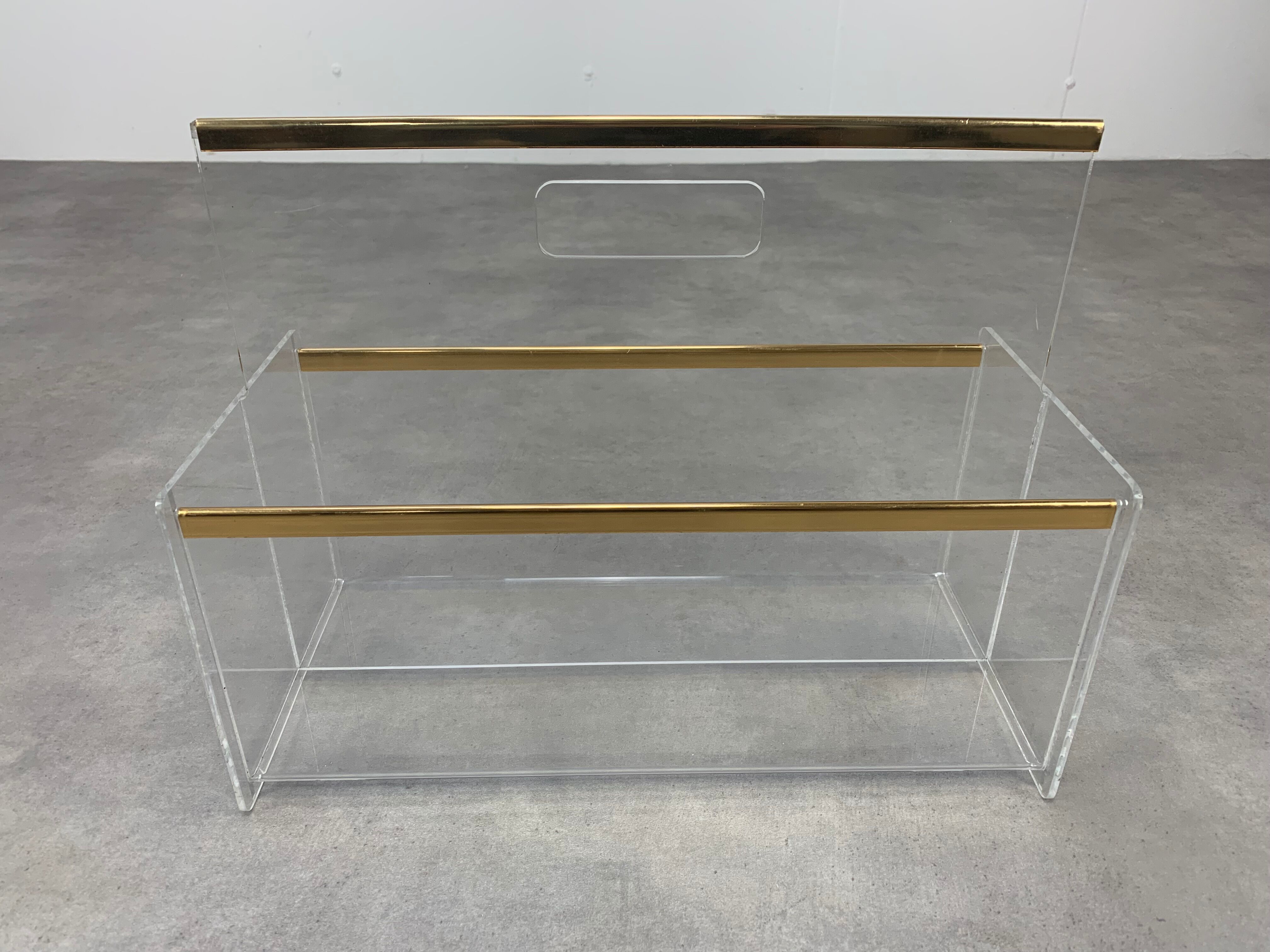 Plexiglas and brass magazine door 70s Hollywood Regency style