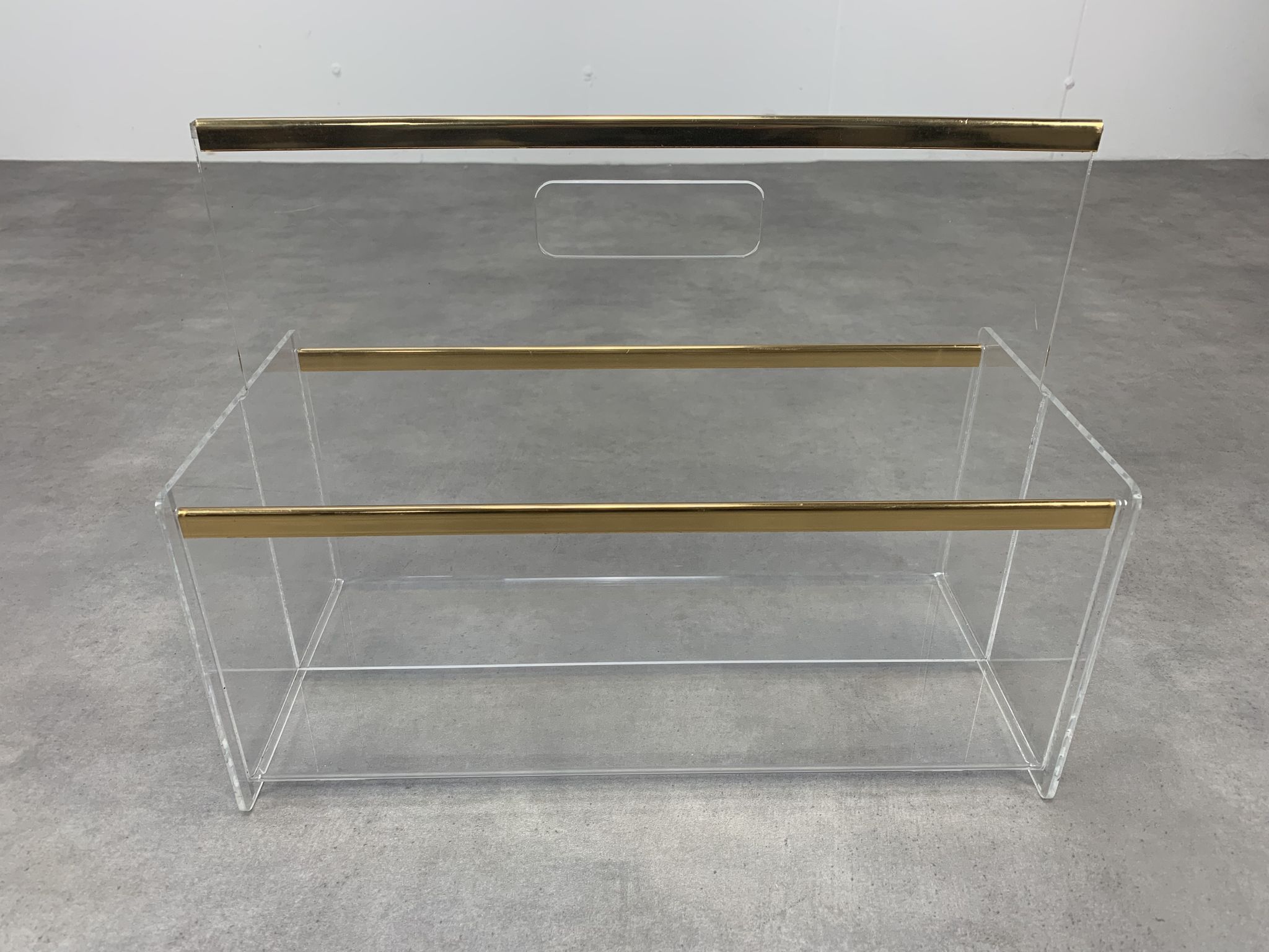 Plexiglas and brass magazine door 70s Hollywood Regency style