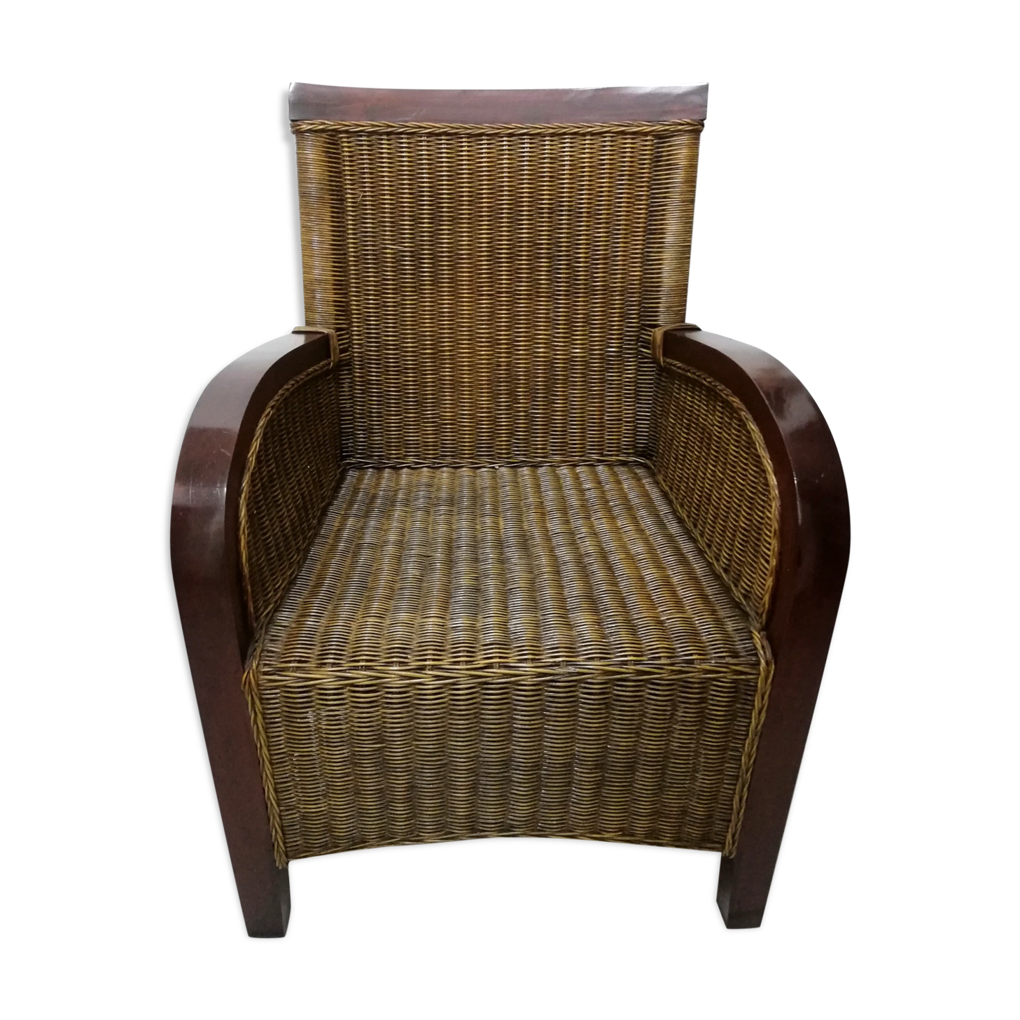 Fauteuil club acajou et rotin