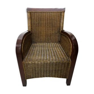 Fauteuil club acajou et rotin
