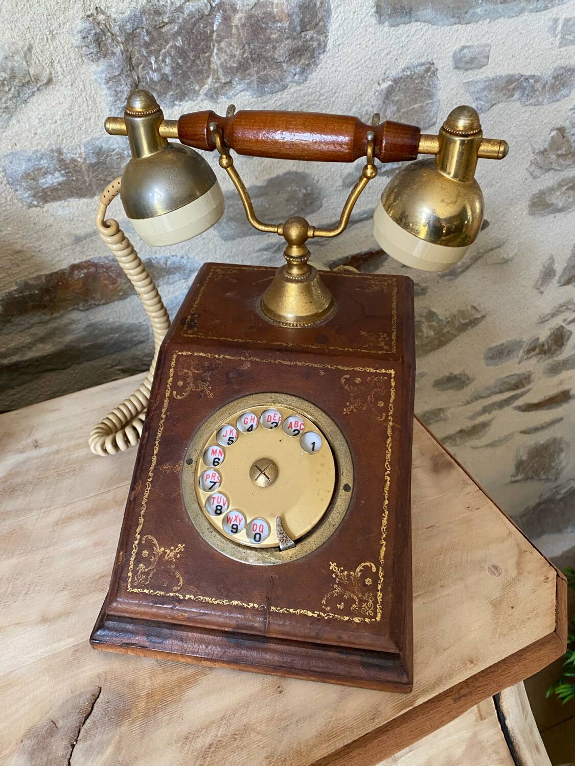 Vintage telephone leather wood brass