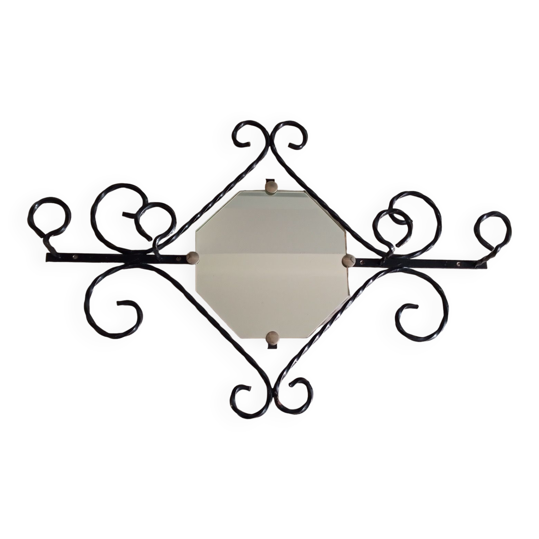 Wall coat rack in wrought iron and mirror 1950