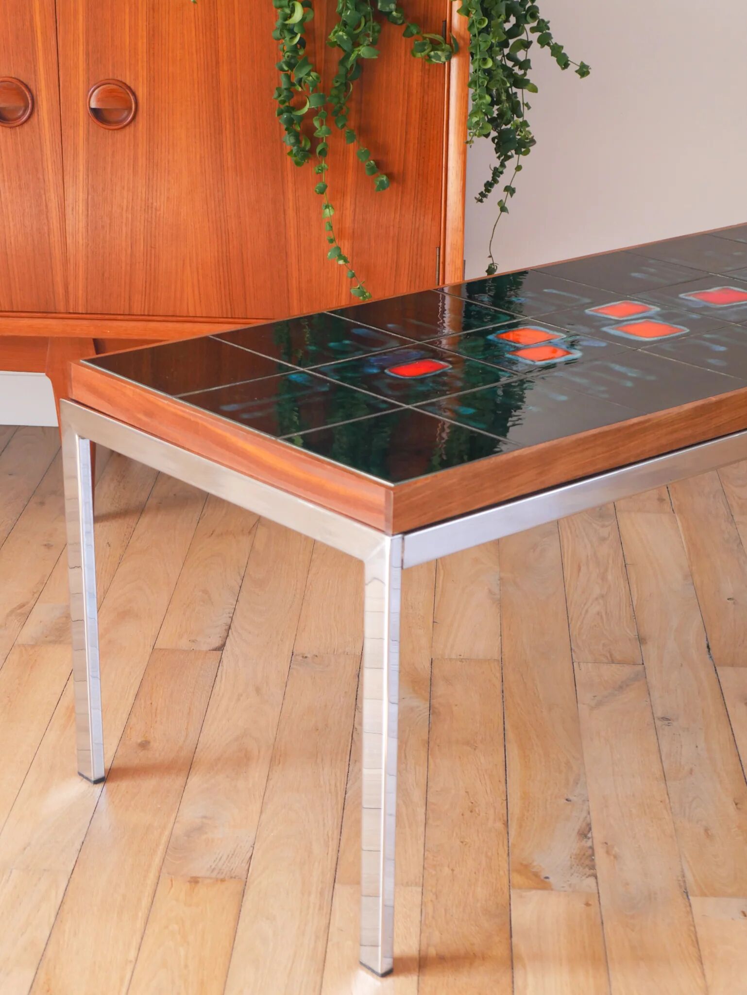 Table basse en céramique, teck & chrome, design, 1970