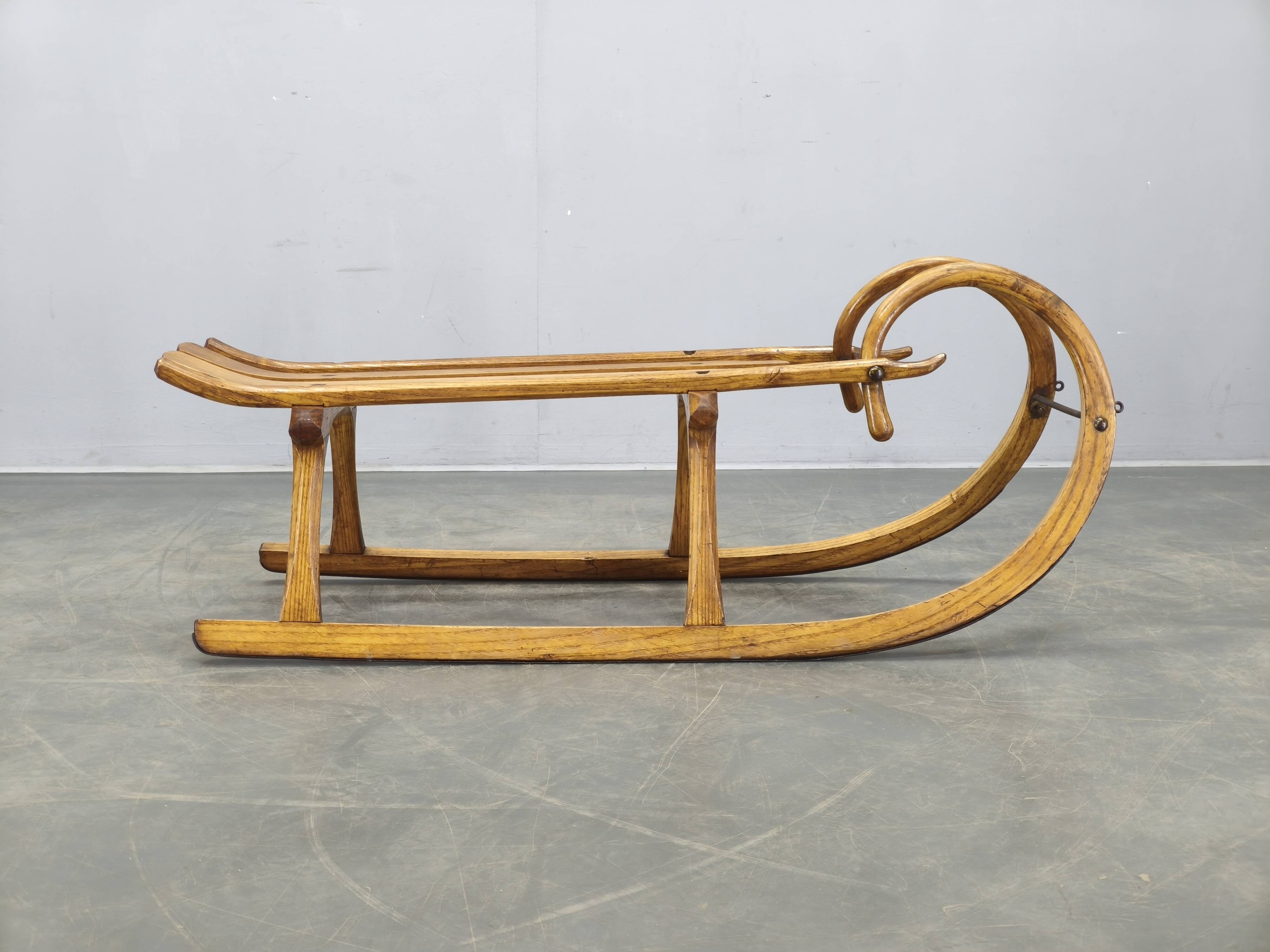 1930s Oak Wooden Sled, Czechoslovakia, Alpine Rustic Piece