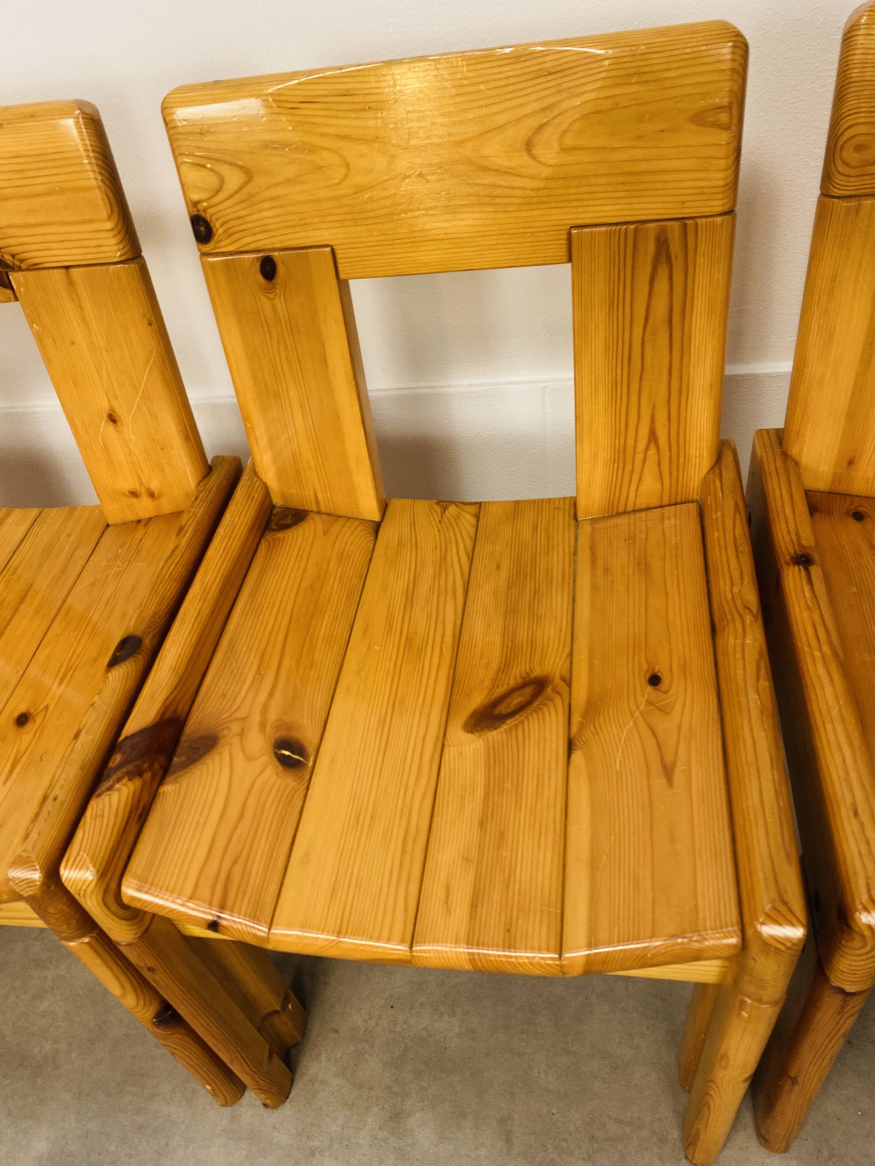 4 brutalist chairs by Silvio Coppola for Roche Bobois, solid pine