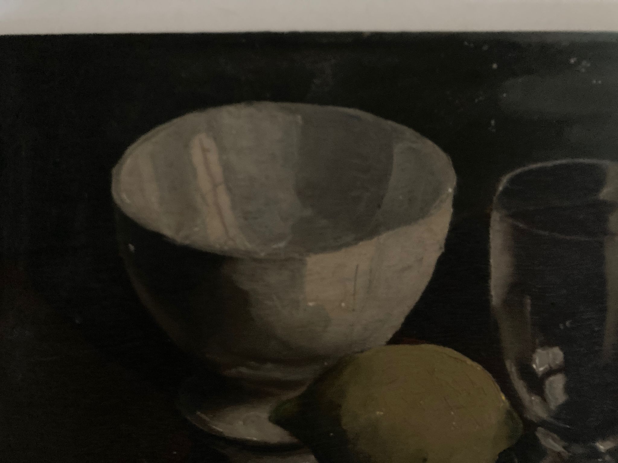 Oil on wood still life with glass bowl and lemon chiaroscuro 1960