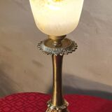 Antique Napoleonic bronze lamp, 3 very pretty tulips in glass paste, unsigned
