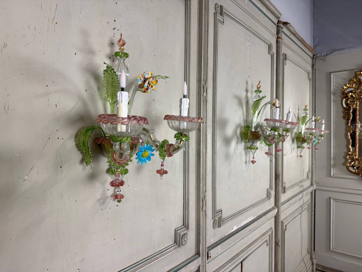 Set of 3 Venetian wall lights in multicoloured Murano glass, circa 1950