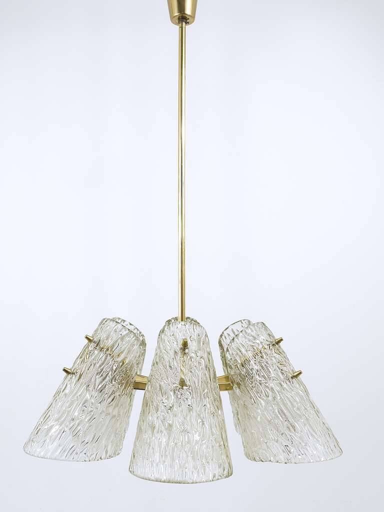 J.T. Kalmar Lustre in Brass, with Textured Glass Shade in Cone Shape, Austria, 1950