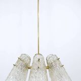J.T. Kalmar Lustre in Brass, with Textured Glass Shade in Cone Shape, Austria, 1950