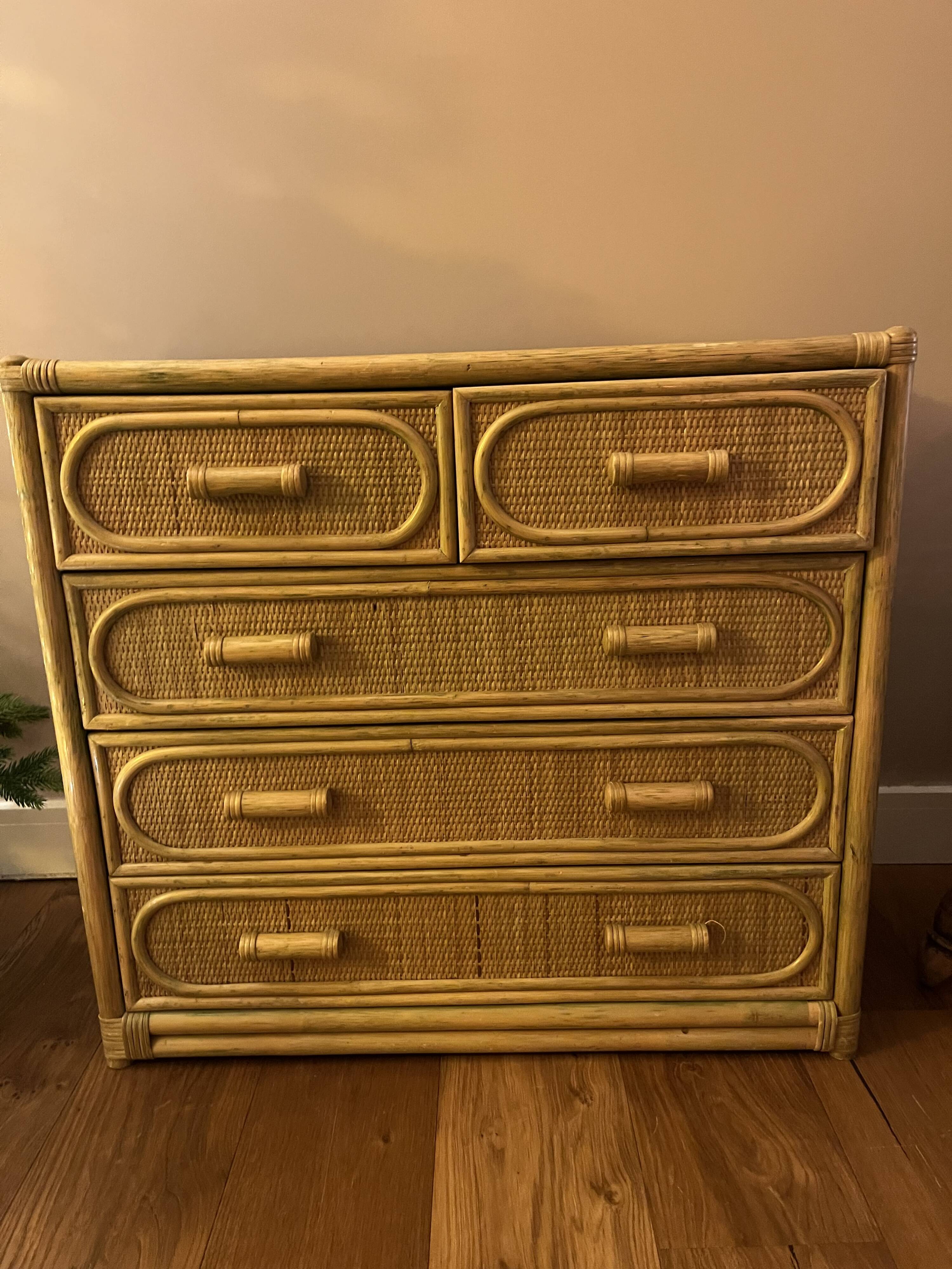 Charming rattan and bamboo chest of drawers.