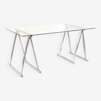 Desk / table on trestles chrome and glass 1970