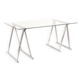 Desk / table on trestles chrome and glass 1970