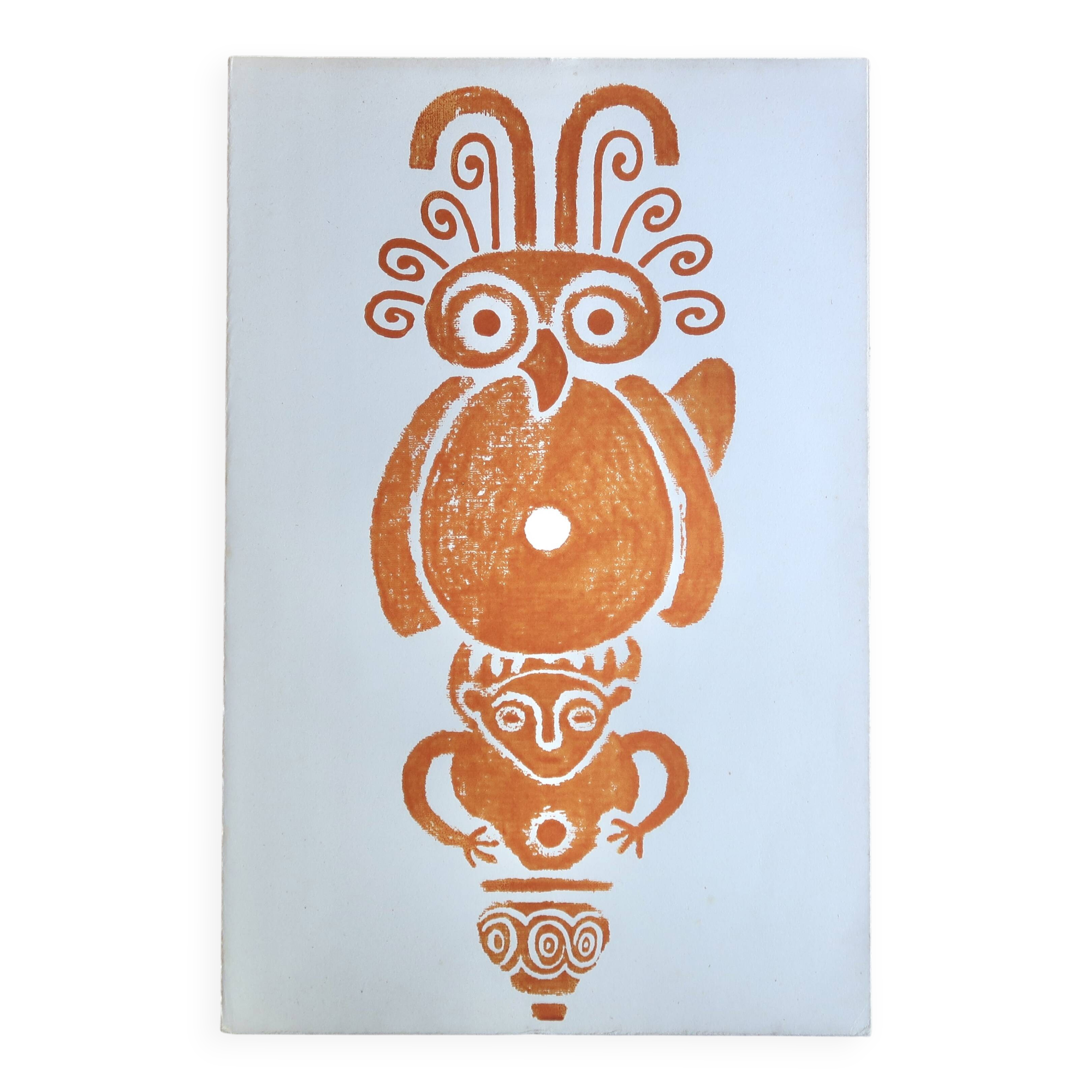 Estampe originale Pré-Colombienne, Aztèques Colombie folk années 60
