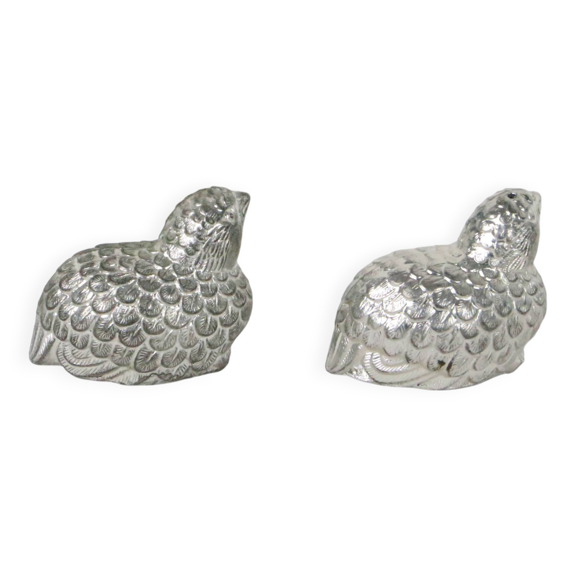 Metal salt and pepper shakers depicting two quails, 1970