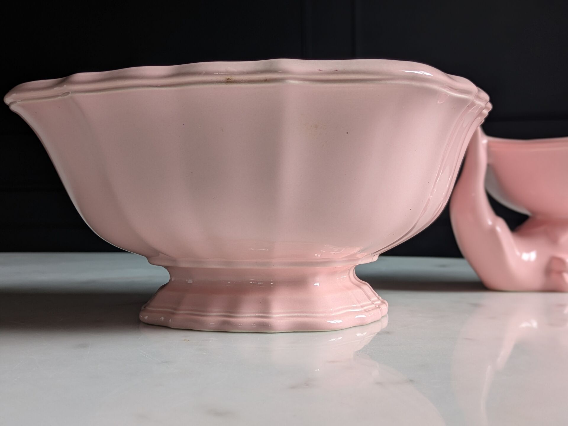 Vintage powder pink earthenware duo. Salins les Bains. 1950s.
