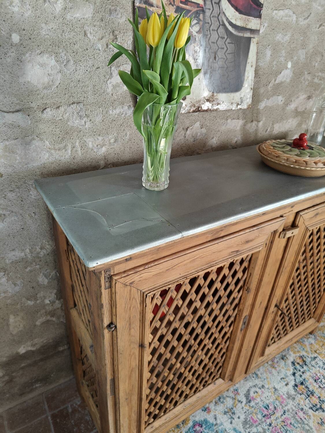 Antique solid pine sideboard with zinc top.