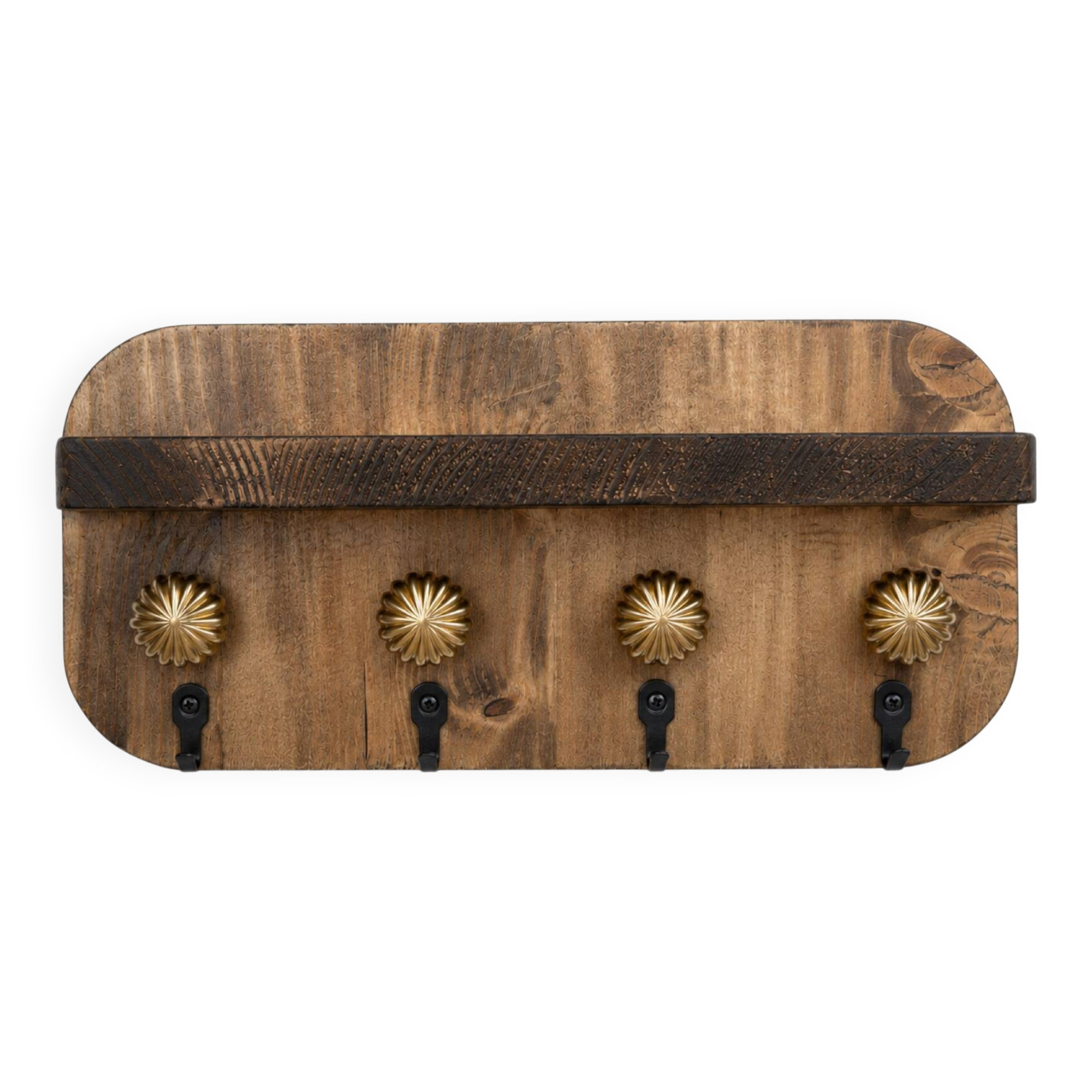 Wall shelf made of solid wood with golden hooks - Key holder for the entrance
