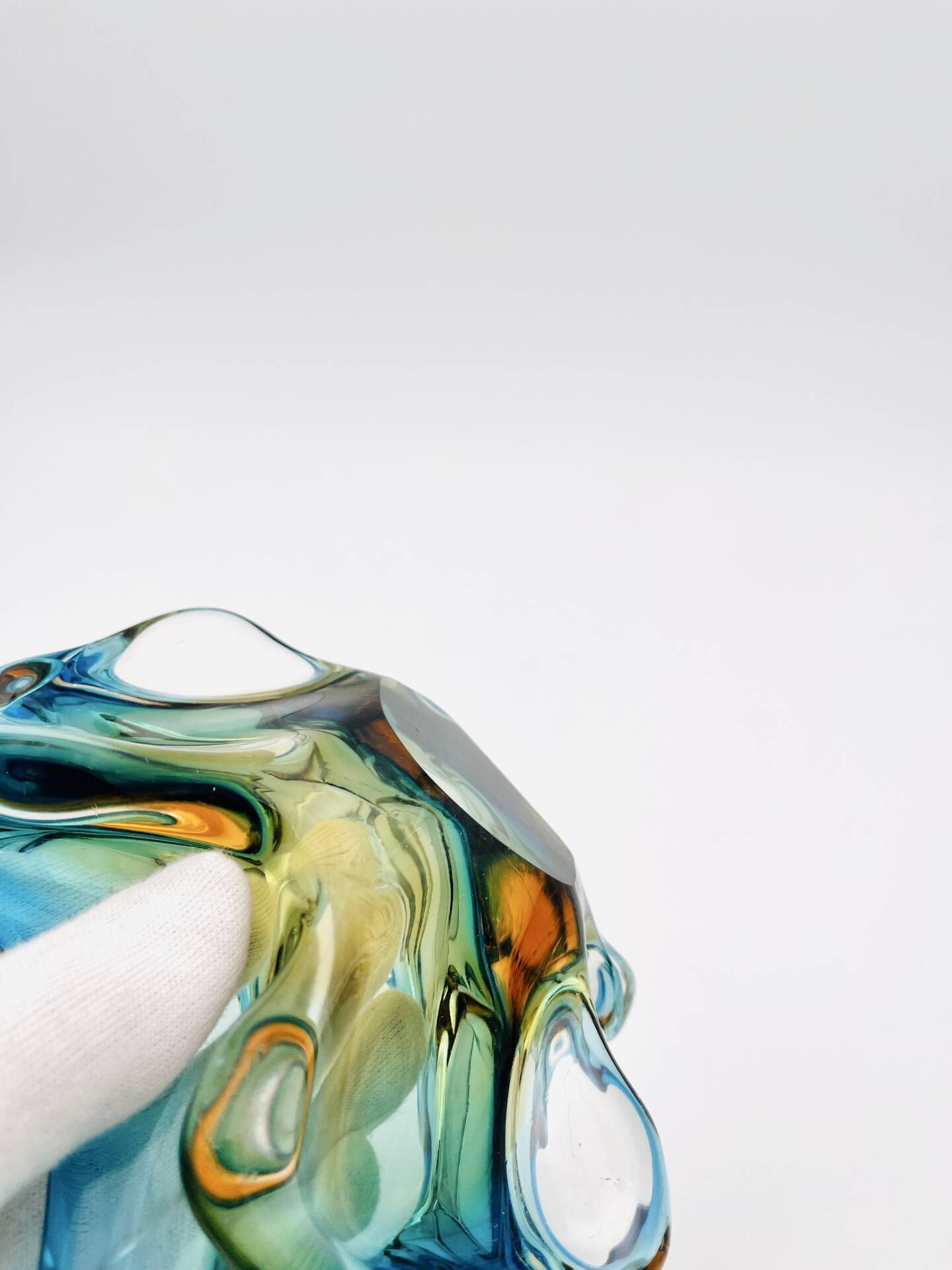 Murano Sommerso Blue Amber Sculpture Bowl 23cm