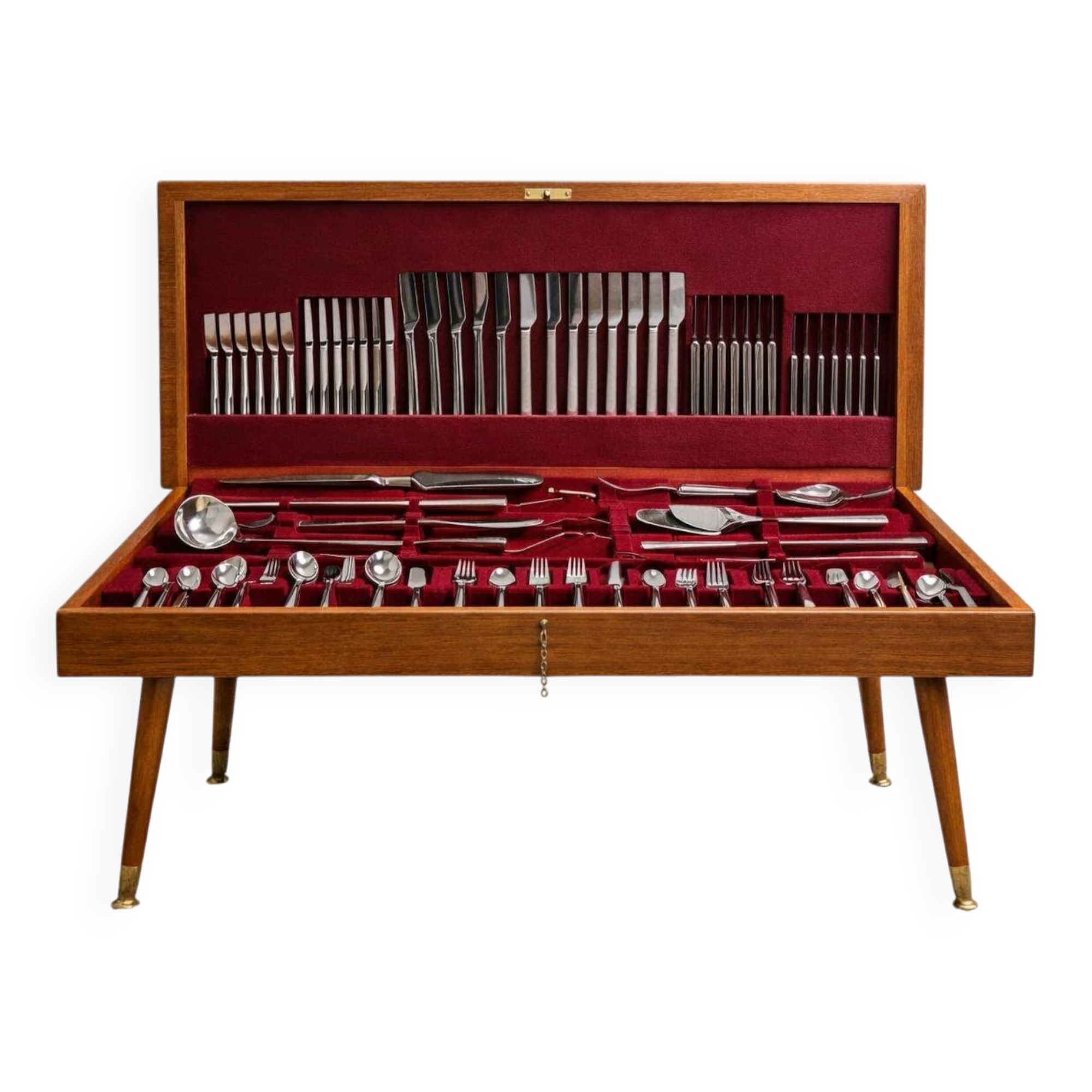 Ménagère moderniste dans son meuble en bois, 130 couvert en inox, 1960