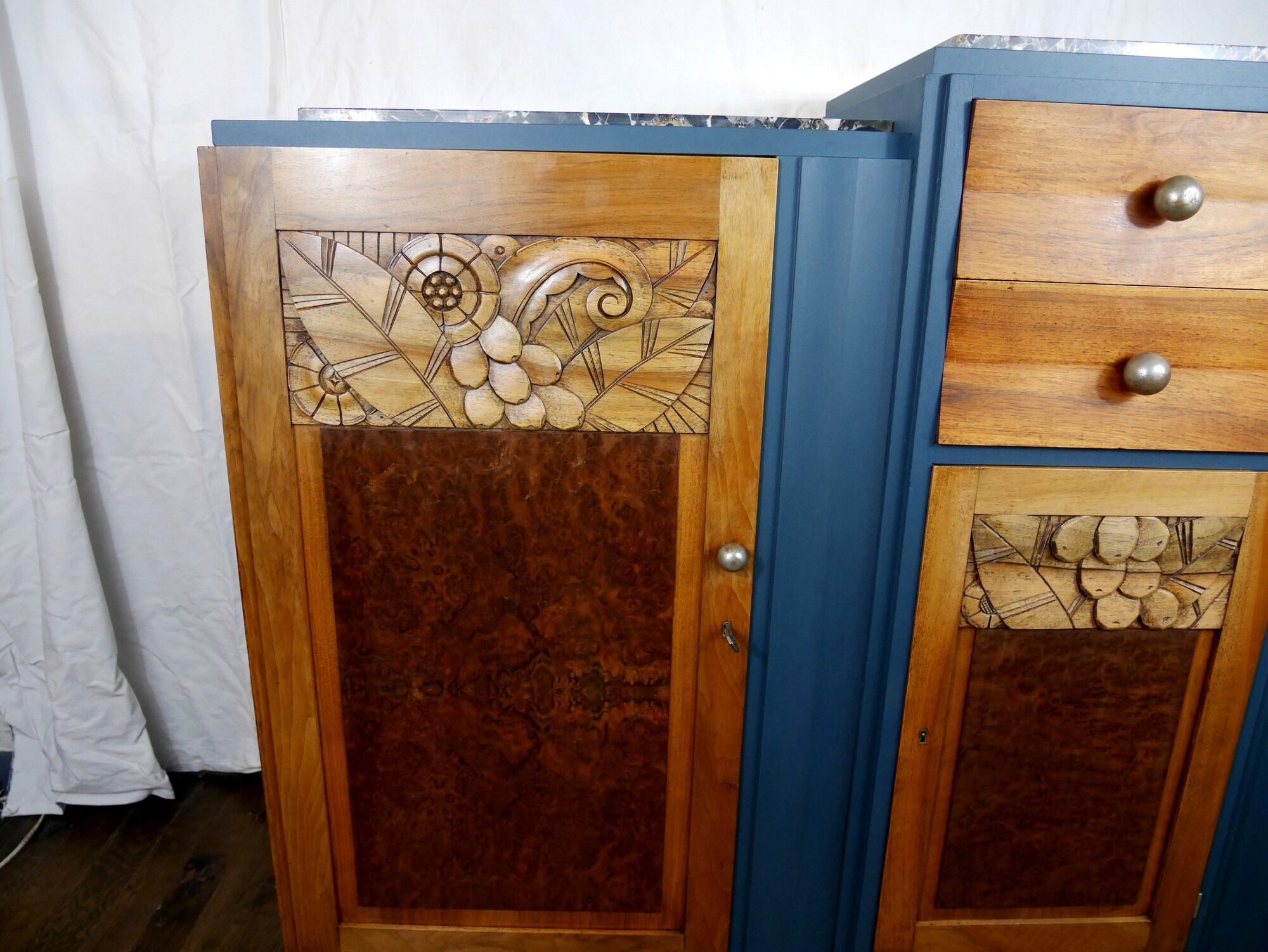 Sideboard Enfilade mirror Art Deco with floral motifs marble top