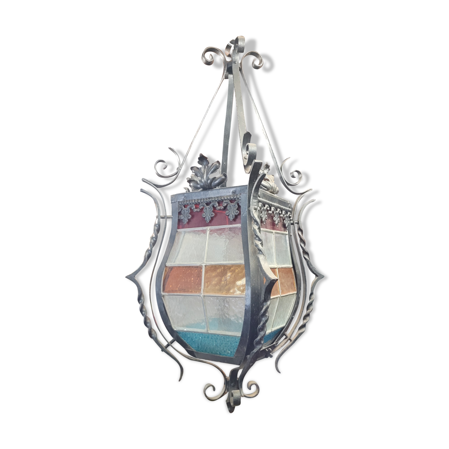 Wrought iron lantern with stained glass windows