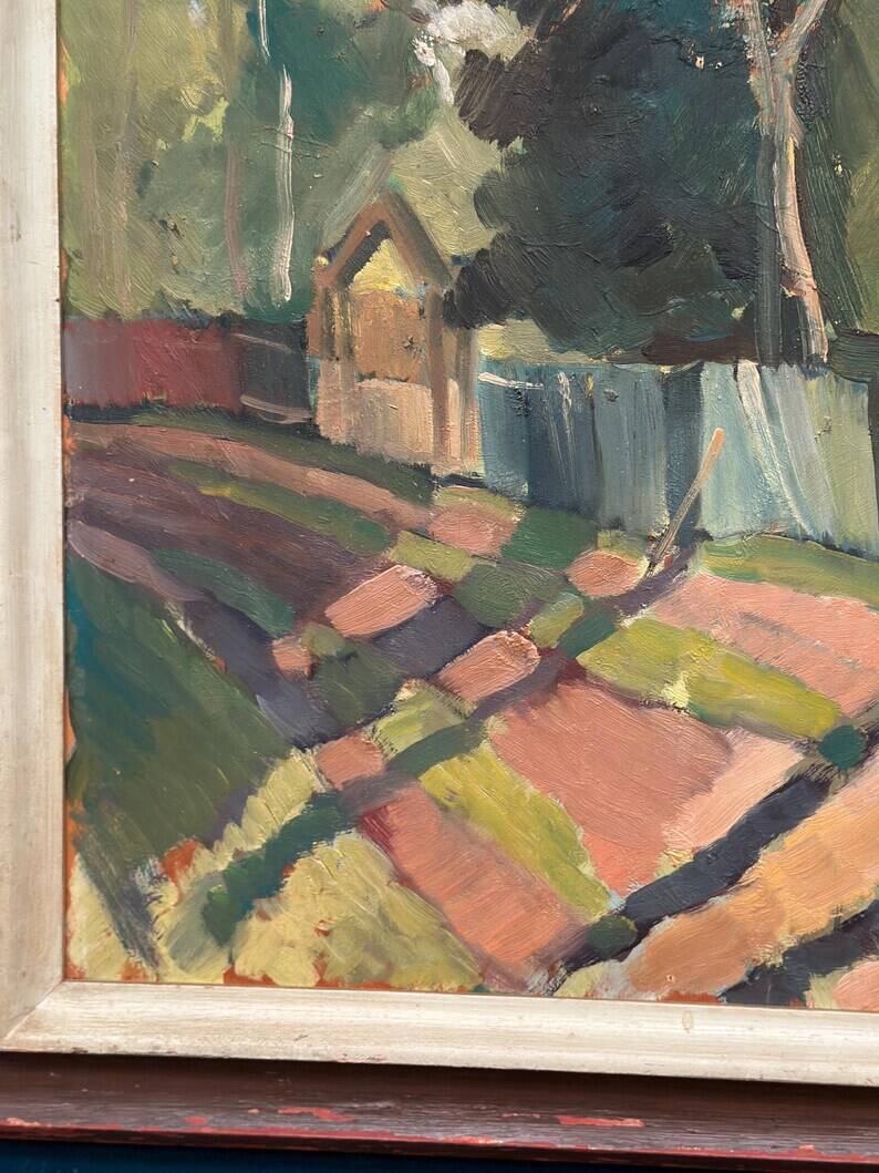Original Swedish Oil on Panel - "Landscape with Fence" by Bajo - Signed - Vintage and Framed - 58 × 52 cm (22.8" × 20.5")