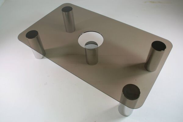Table basse en métal chromé et verre fumé, Italie 1970
