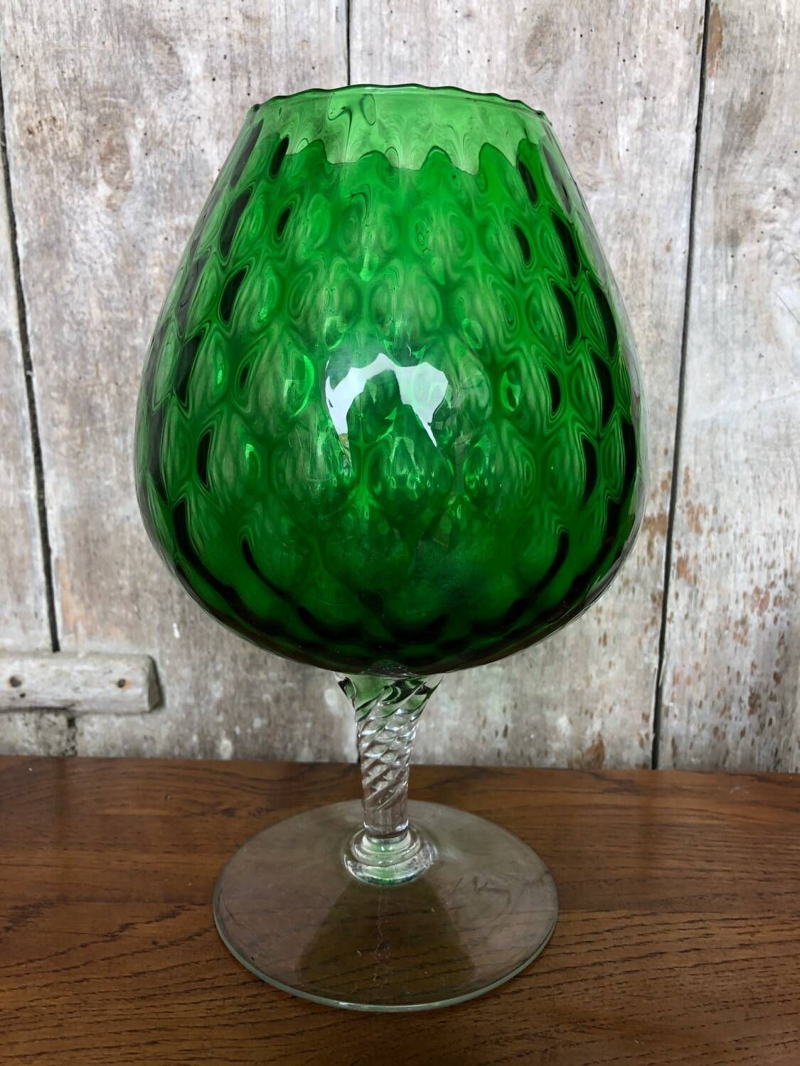 Old vase on foot empoli green glass transparent foot vintage