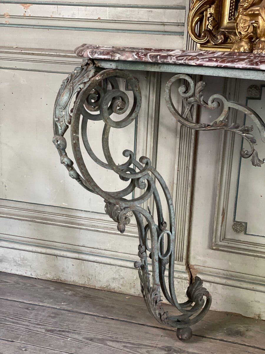 Wrought iron console and its marble, circa 1880