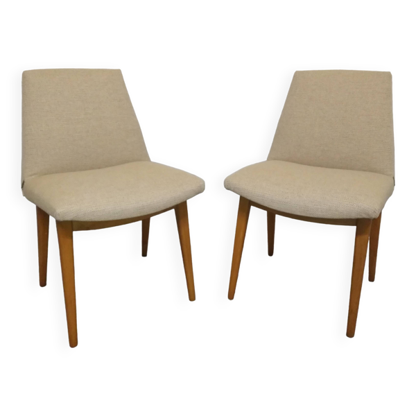 Paire de chaises en hêtre et tissu beige, années 50-60