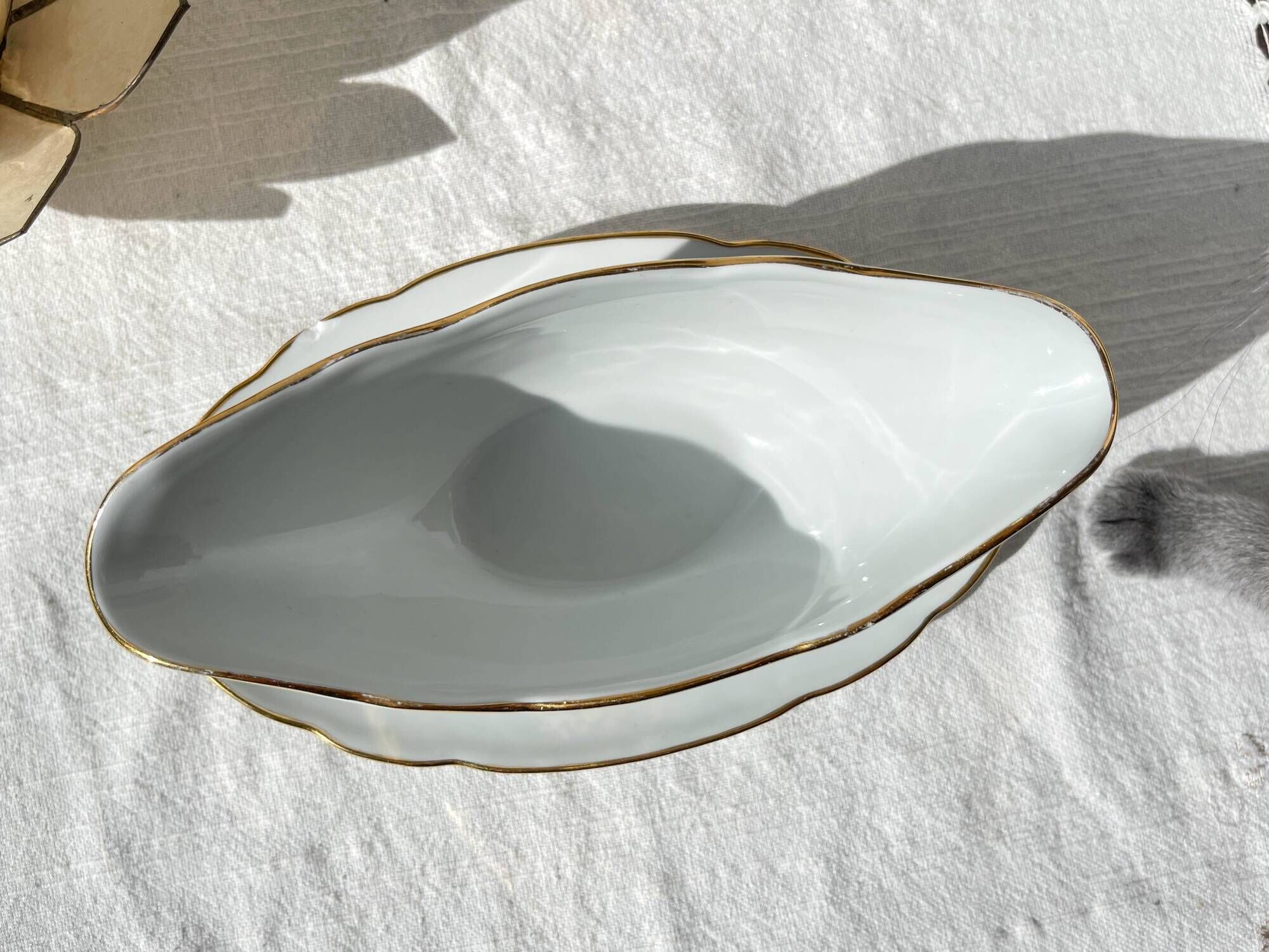J&Ciem France 1950 white gilded porcelain sauce boat with floral pattern