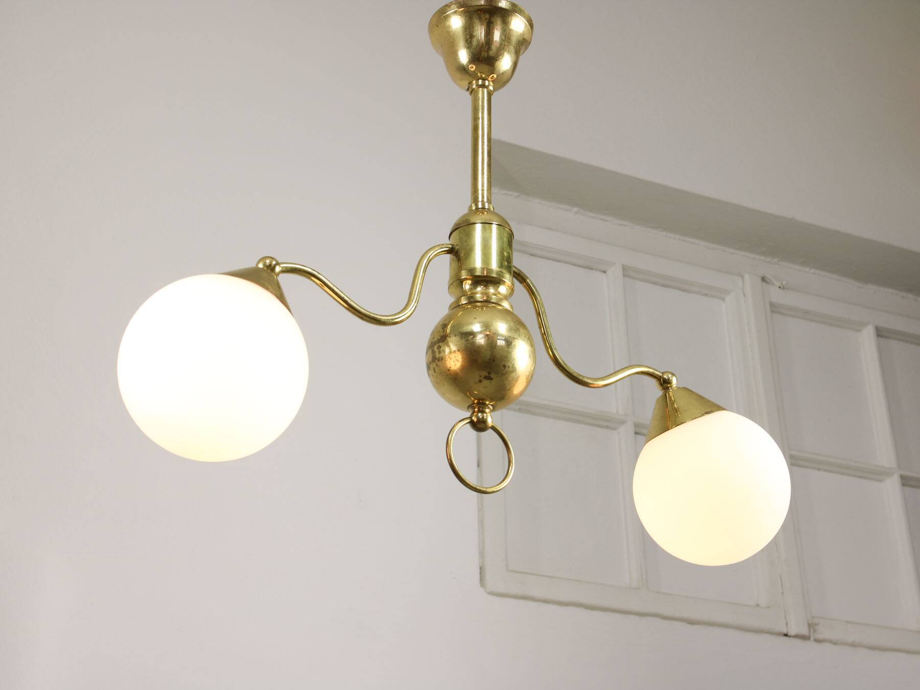 Art Deco Italian Brass and Opaline Chandelier
