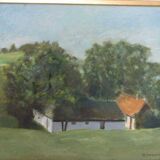 Original Swedish oil on canvas – “Landscape with Farm” by H. Engkvist – dated 1983 – vintage & framed – 41 × 50 cm (16.1" × 19.7")