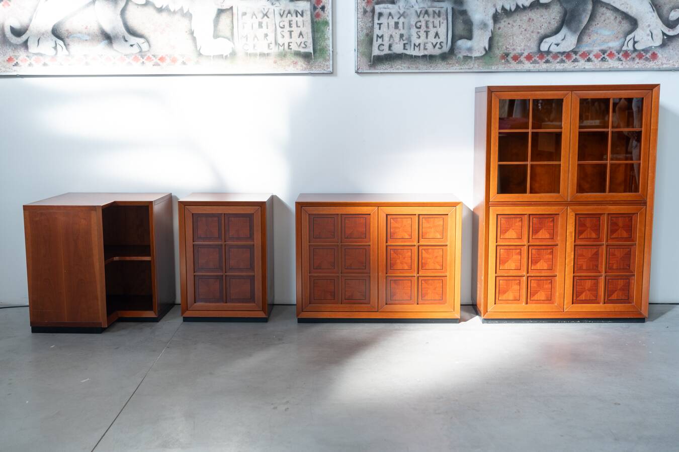 1970s Modular Corner Cabinet in Cherrywood with Glass and Carved Doors – “Fox Hunt” Design
