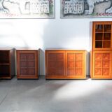 1970s Modular Corner Cabinet in Cherrywood with Glass and Carved Doors – “Fox Hunt” Design