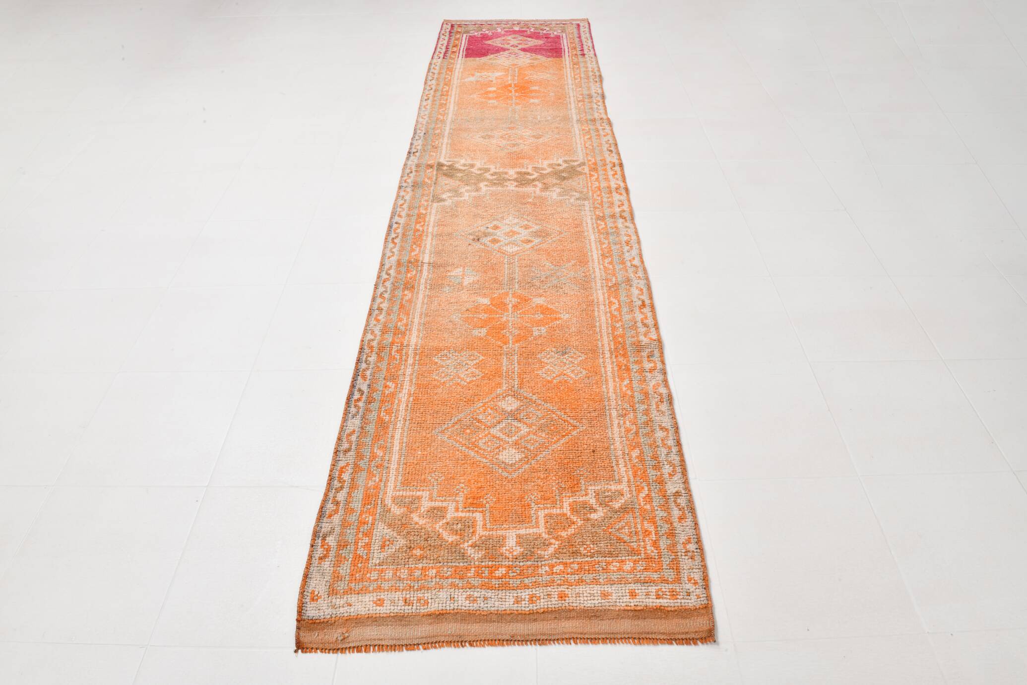 2x13 Soft Orange & Fuchsia Pattern Rug, Vintage Ousahk Runner Rug,90x381 Cm