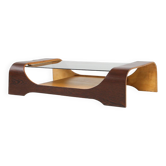 Table basse française du milieu du siècle en contreplaqué wengé courbé avec plateau en verre, années 1960