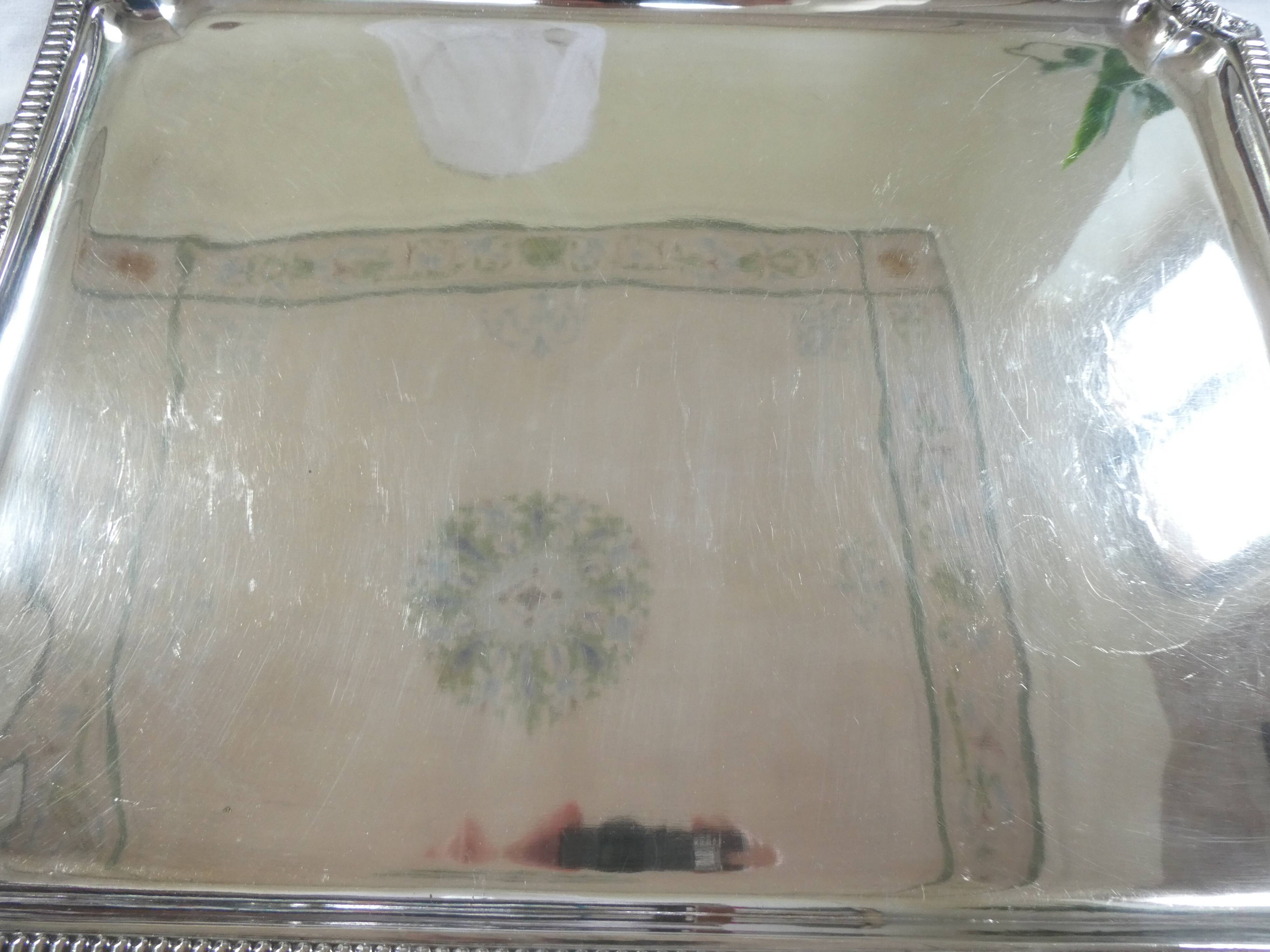 Large rectangular silver metal tray with handles Maison Wiskemann